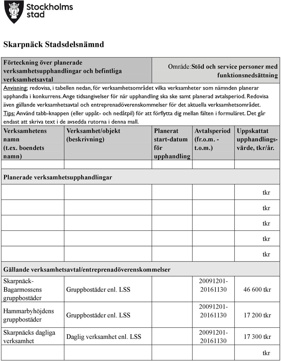 Tips: Använd tabb-knappen (eller uppåt- och nedåtpil) att flytta dig mellan fälten i formuläret. Det går endast att skriva text i de avsedda rutorna i denna mall. Verksamhetens namn (t.ex. boendets namn) Planerat start-datum upphandling (fr.