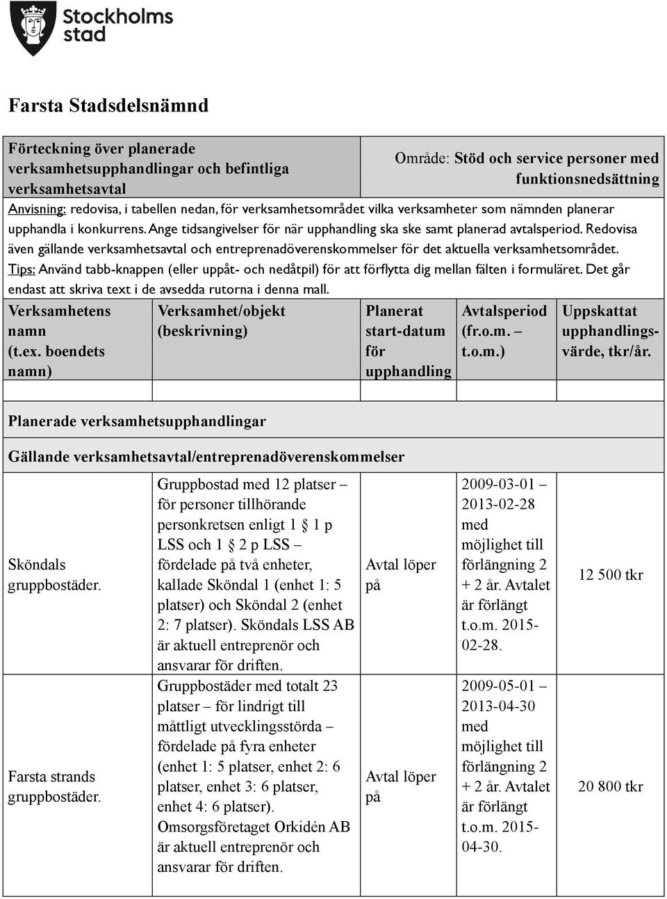 Tips: Använd tabb-knappen (eller uppåt- och nedåtpil) att flytta dig mellan fälten i formuläret. Det går endast att skriva text i de avsedda rutorna i denna mall. Verksamhetens namn (t.ex. boendets namn) Planerat start-datum upphandling (fr.