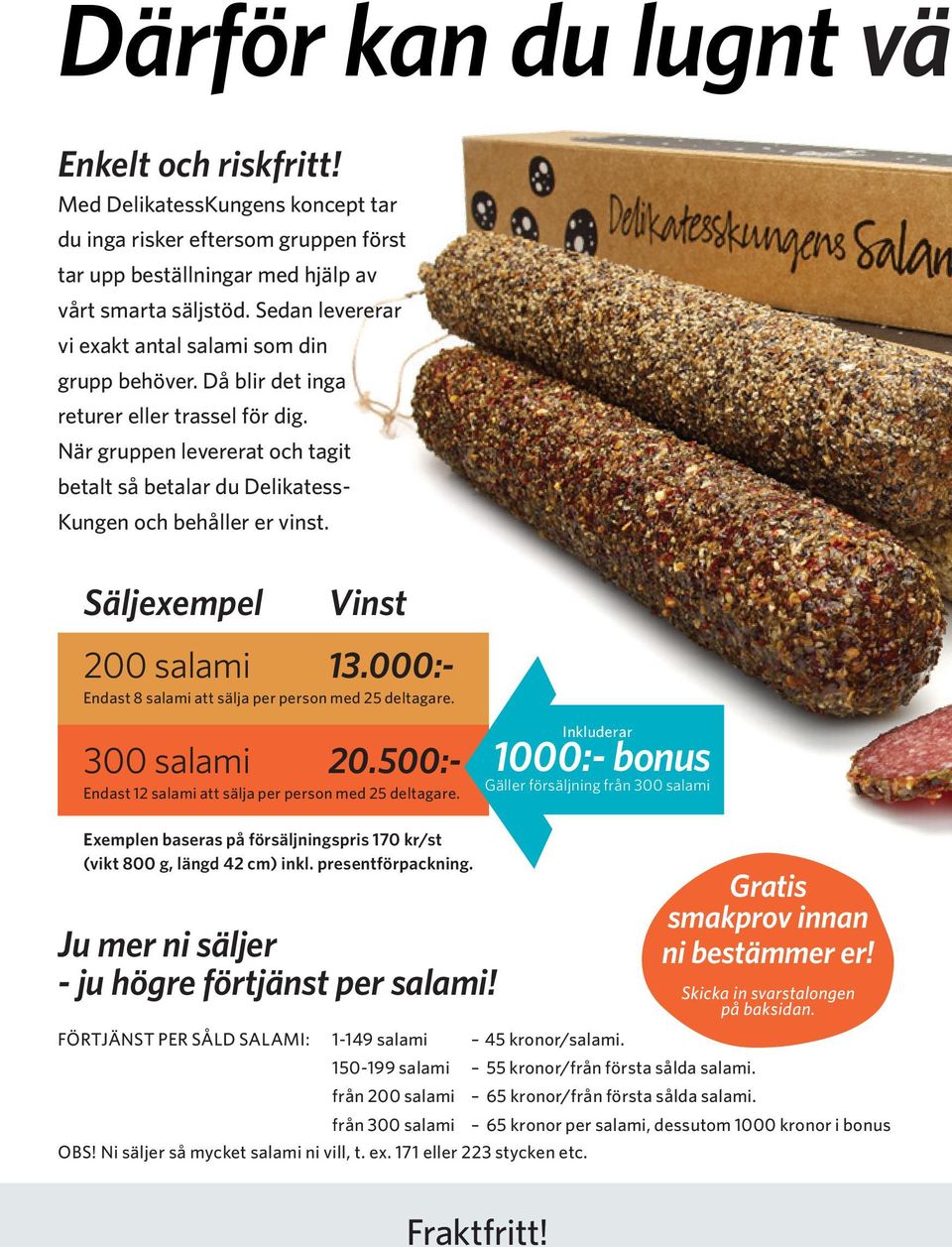 När gruppen levererat och tagit betalt så betalar du Delikatess- Kungen och behåller er vinst. Säljexempel Vinst 200 salami 13.000:- Endast 8 salami att sälja per person med 25 deltagare.