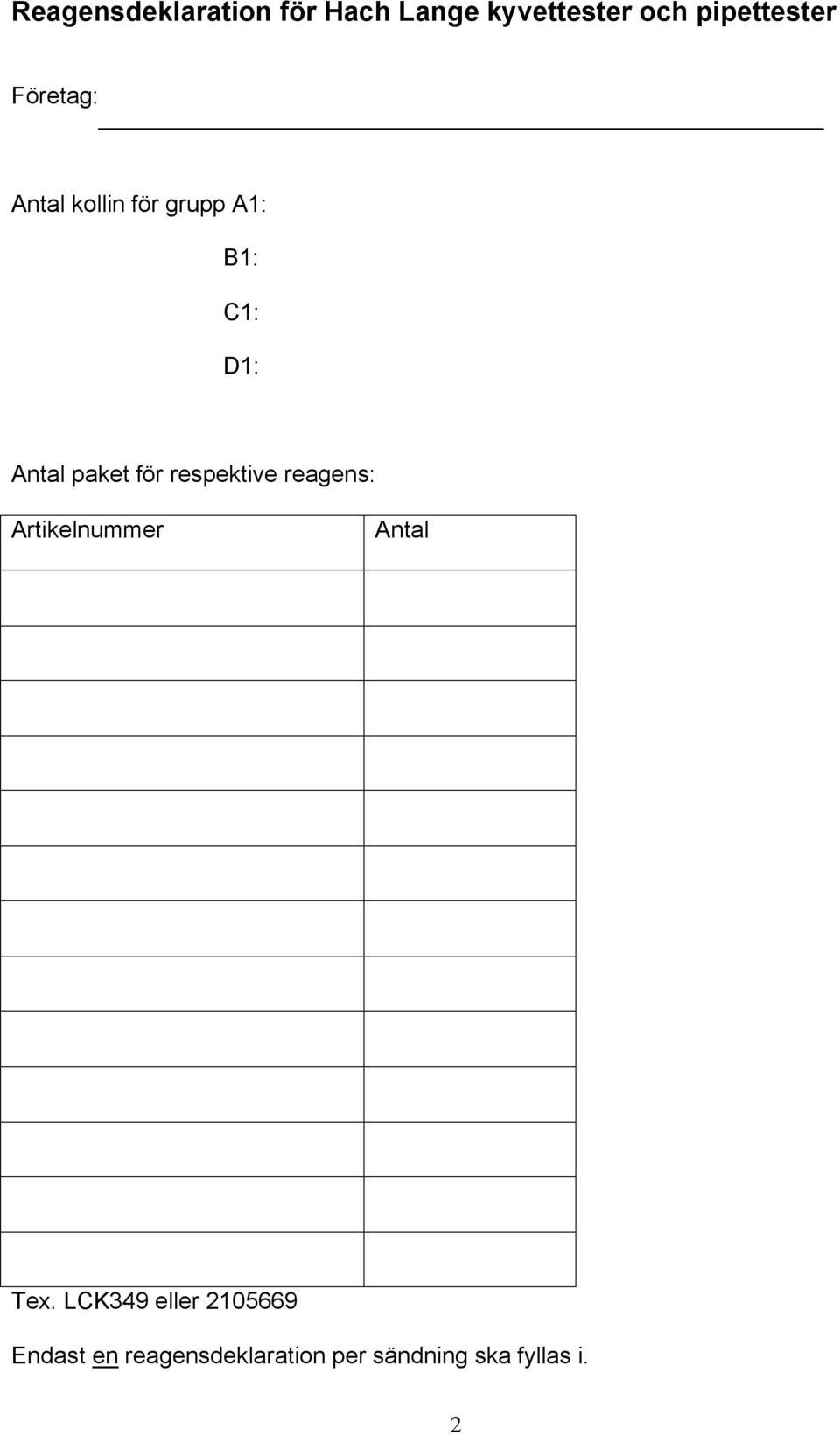 för respektive reagens: Artikelnummer Antal Tex.