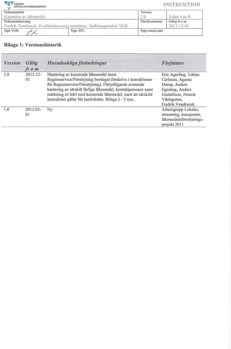 0 2012-03- 01 H uvudsak/iga förändringar Hantering av kasserade läkemedel inom Regionservice/Försörjning borttaget (beskrivs i instruktioner för Regionservice/Försörjning).