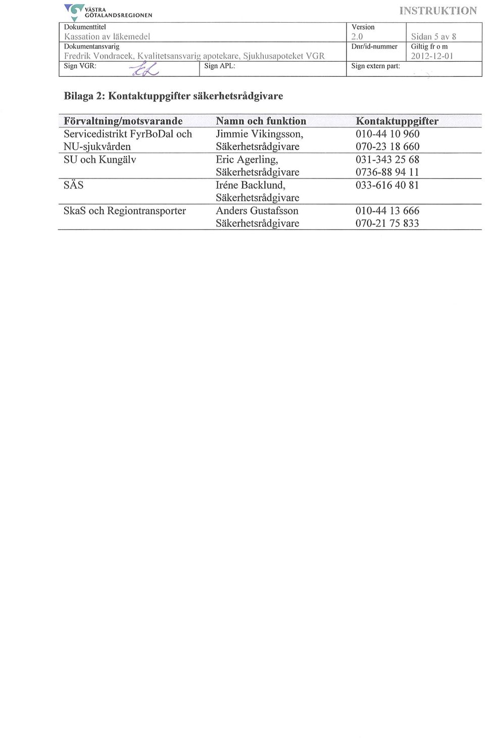 0 Sidan 5 av 8 Dnr/id-nummer Giltig fr o m 2012-12-01 Sign extern part: ' Bilaga 2: Kontaktuppgifter säkerhetsrådgivare Förvaltning/motsvarande Servicedistrikt FyrBoDal