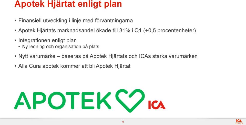 Integrationen enligt plan Ny ledning och organisation på plats Nytt varumärke