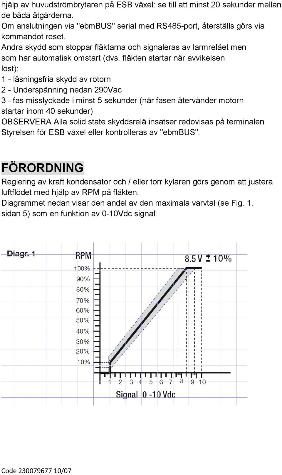 fläkten startar när avvikelsen löst): 1 - låsningsfria skydd av rotorn 2 - Underspänning nedan 290Vac 3 - fas misslyckade i minst 5 sekunder (när fasen återvänder motorn startar inom 40 sekunder)