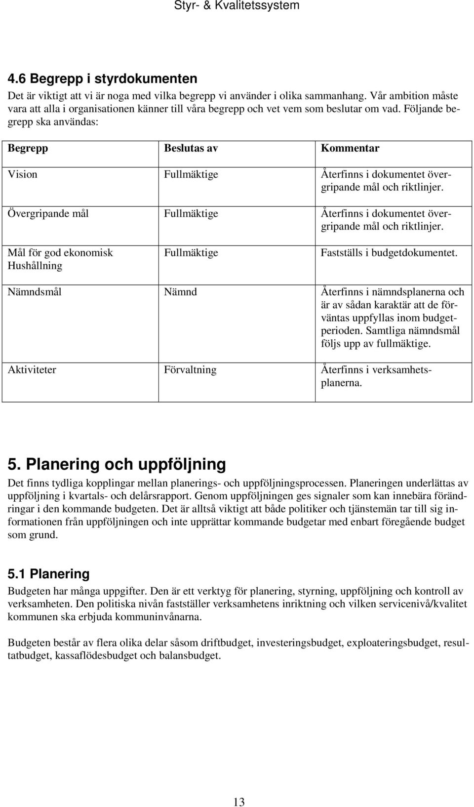 Följande begrepp ska användas: Begrepp Beslutas av Kommentar Vision Fullmäktige Återfinns i dokumentet övergripande mål och riktlinjer.