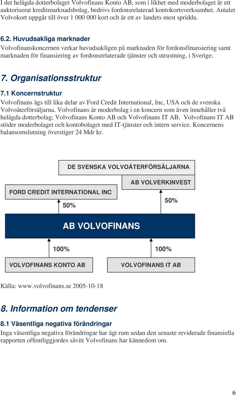 Huvudsakliga marknader Volvofinanskoncernen verkar huvudsakligen på marknaden för fordonsfinansiering samt marknaden för finansiering av fordonsrelaterade tjänster och utrustning, i Sverige. 7.