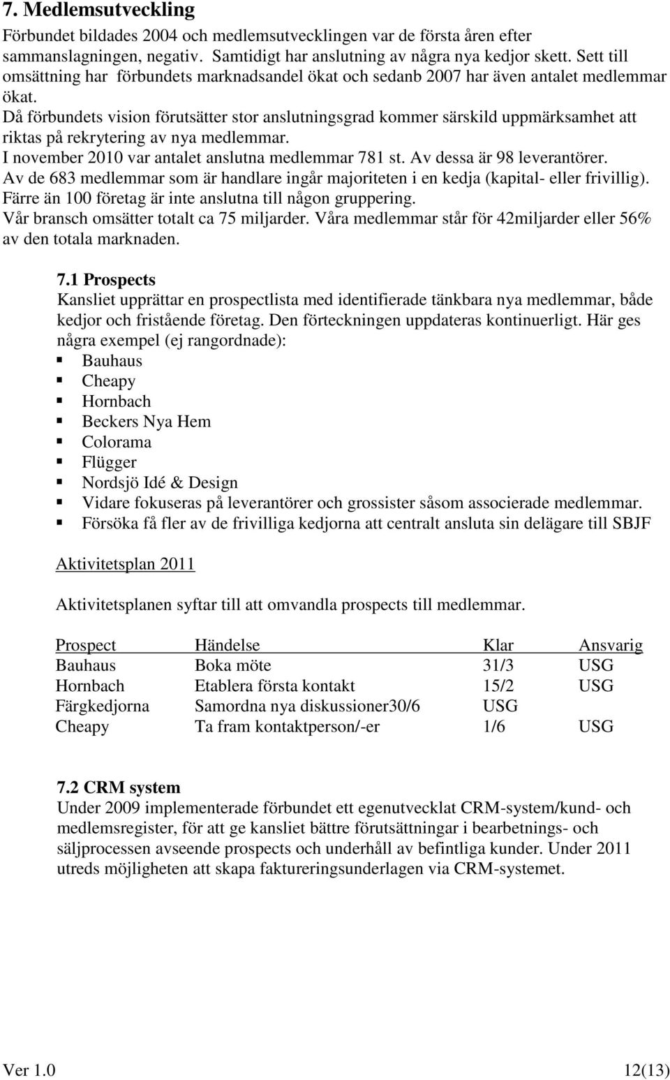 Då förbundets vision förutsätter stor anslutningsgrad kommer särskild uppmärksamhet att riktas på rekrytering av nya medlemmar. I november 2010 var antalet anslutna medlemmar 781 st.