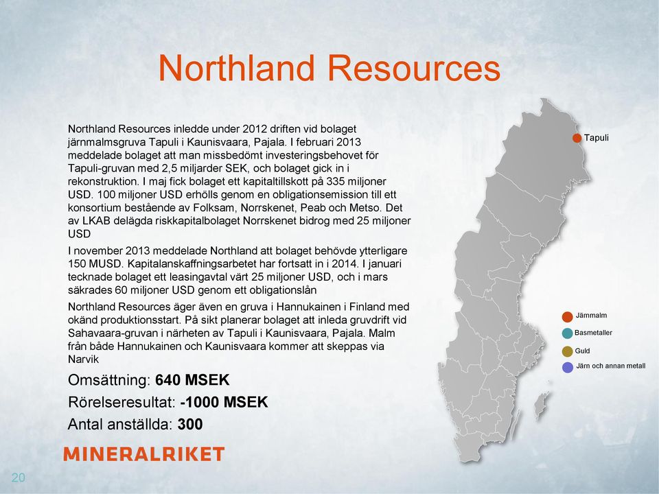 I maj fick bolaget ett kapitaltillskott på 335 miljoner USD. 100 miljoner USD erhölls genom en obligationsemission till ett konsortium bestående av Folksam, Norrskenet, Peab och Metso.