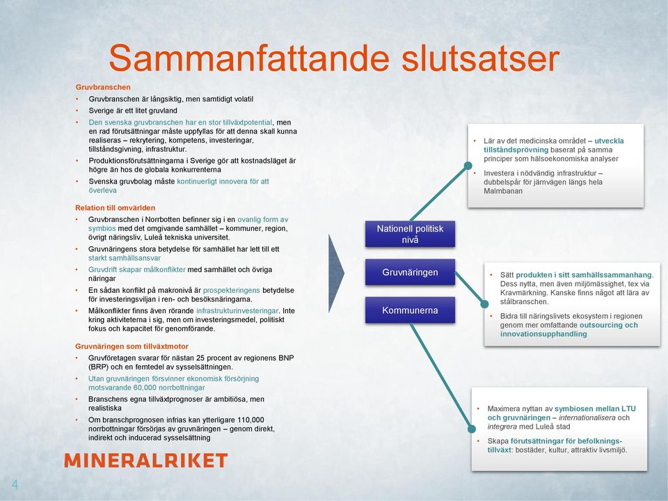 Produktionsförutsättningarna i Sverige gör att kostnadsläget är högre än hos de globala konkurrenterna Svenska gruvbolag måste kontinuerligt innovera för att överleva Relation till omvärlden