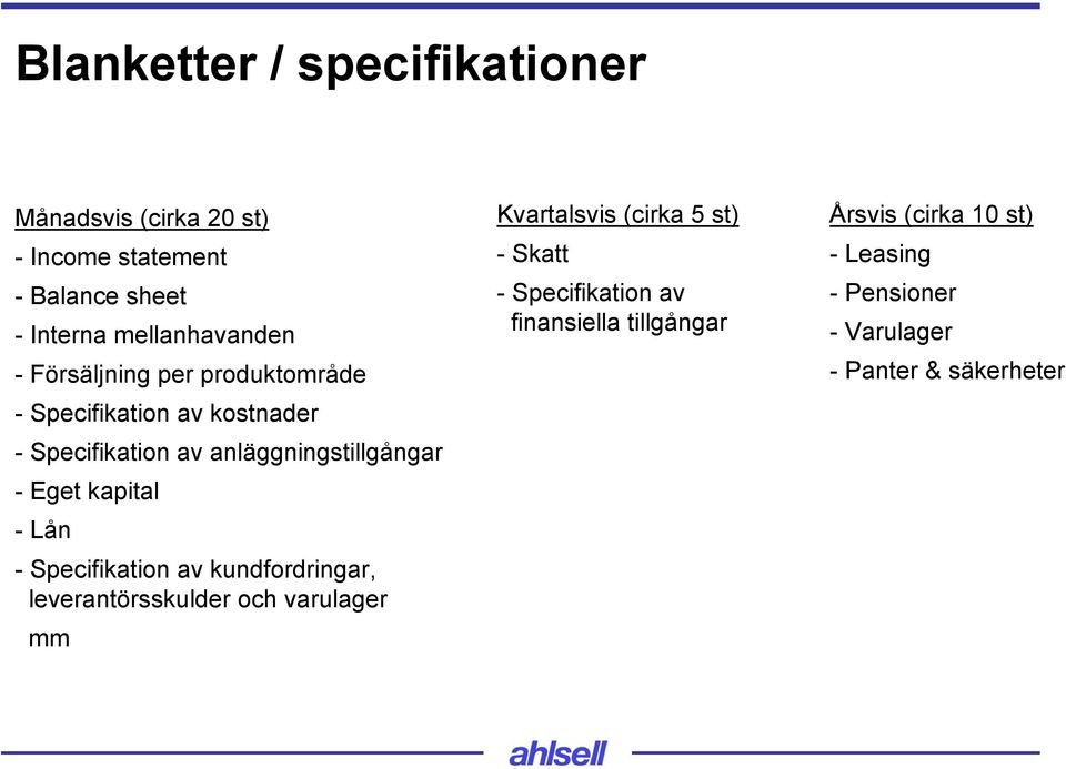 - Lån - Specifikation av kundfordringar, leverantörsskulder och varulager mm Kvartalsvis (cirka 5 st) -Skatt -