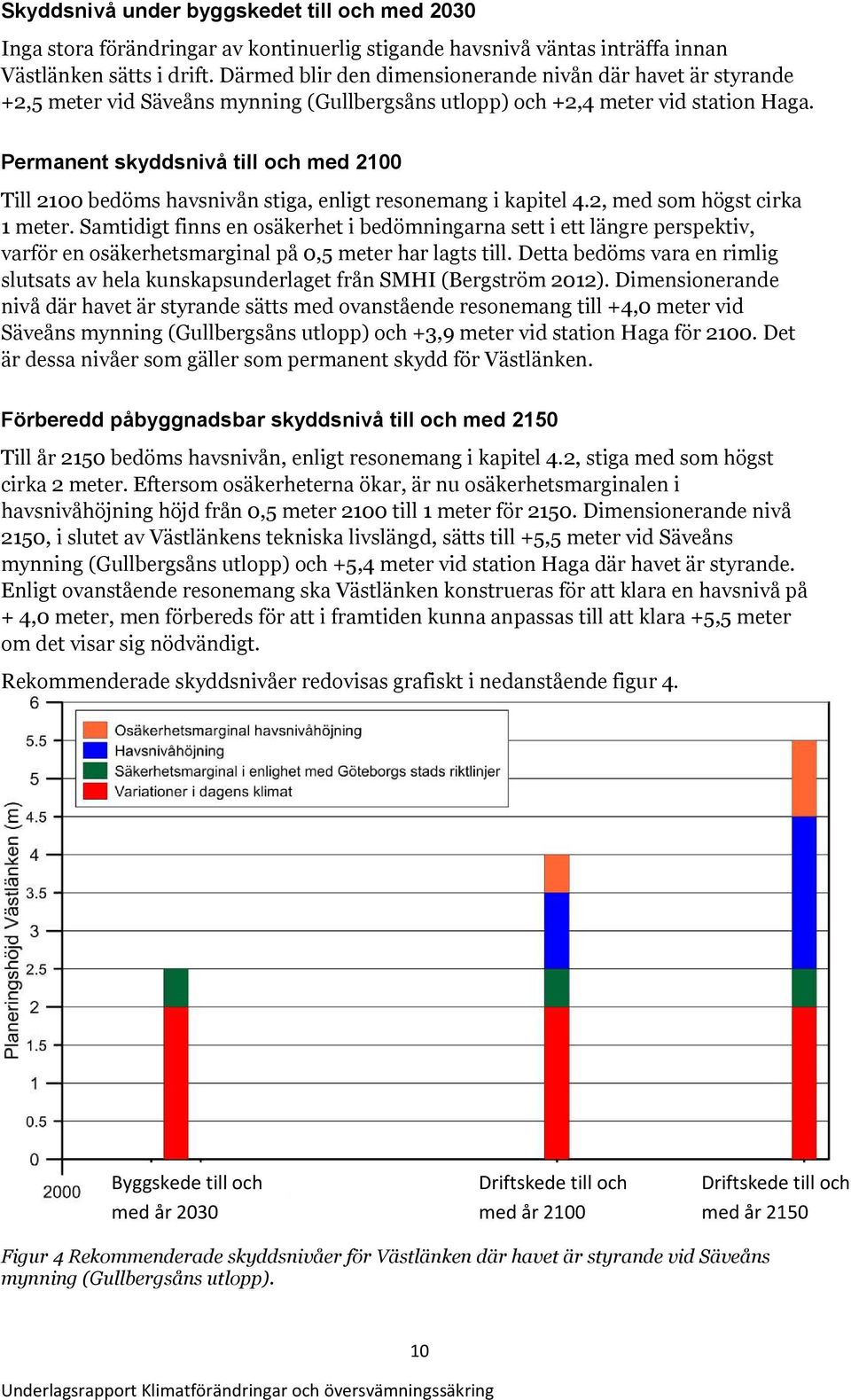 Permanent skyddsnivå till och med 2100 Till 2100 bedöms havsnivån stiga, enligt resonemang i kapitel 4.2, med som högst cirka 1 meter.