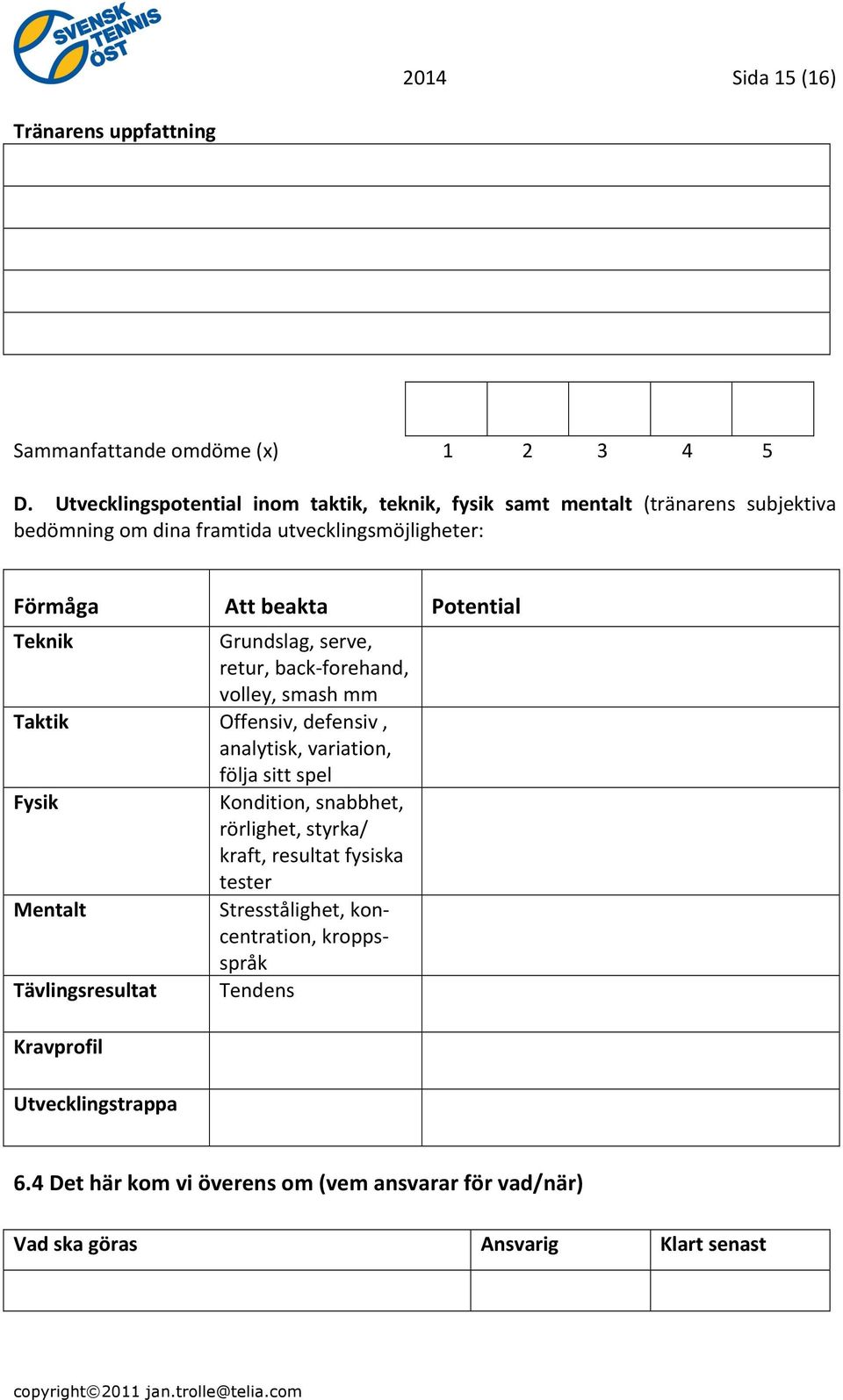 Teknik Taktik Fysik Mentalt Tävlingsresultat Kravprofil Utvecklingstrappa Grundslag, serve, retur, back- forehand, volley, smash mm Offensiv, defensiv, analytisk,