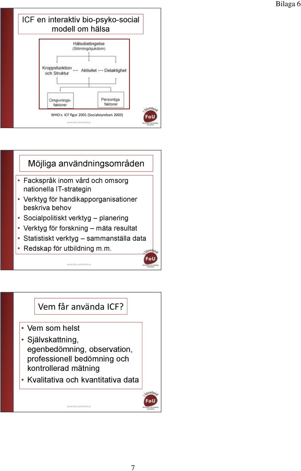 Verktyg för forskning mäta resultat Statistiskt verktyg sammanställa data Redskap för utbildning m.m. Vem får använda ICF?