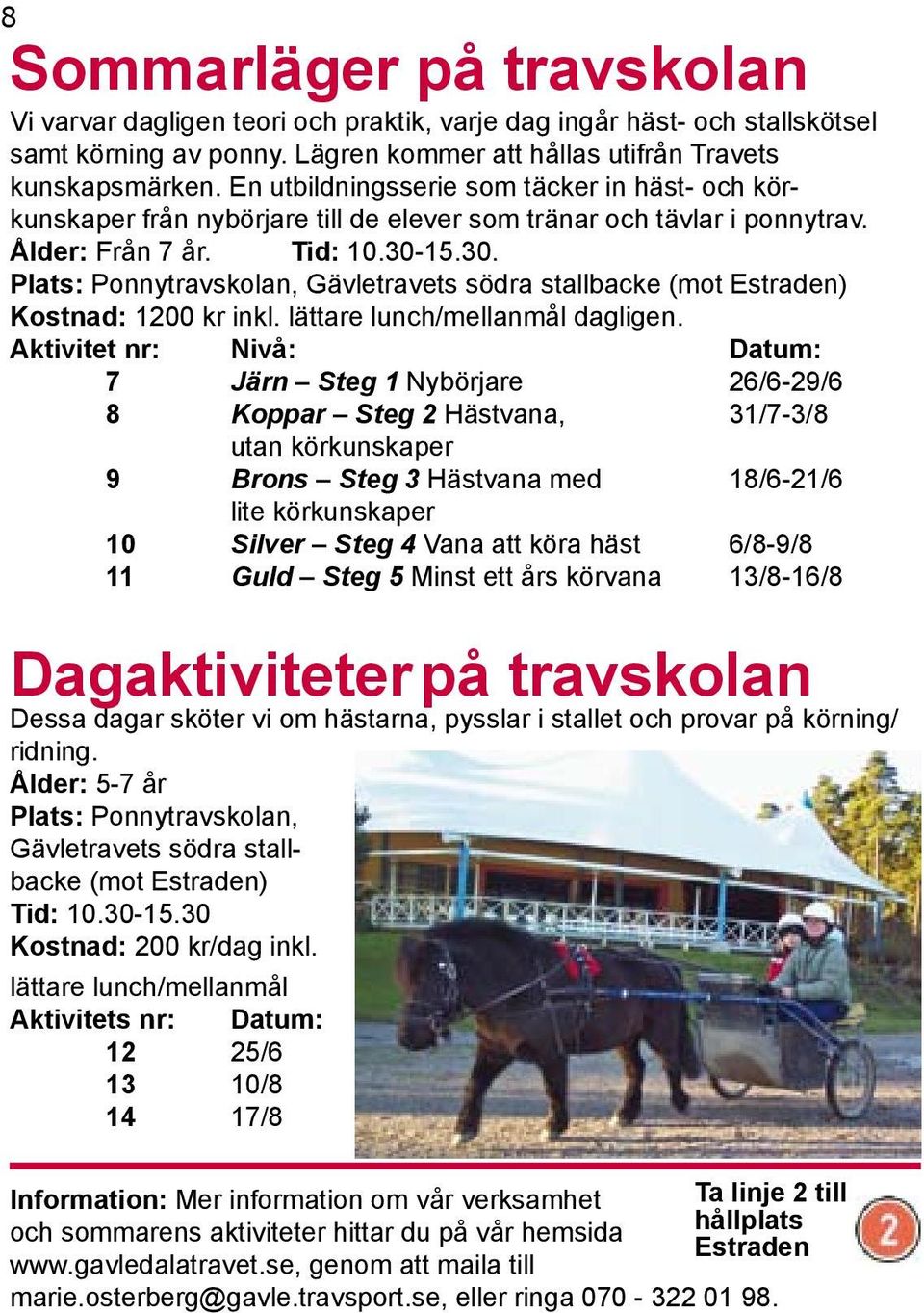 15.30. Plats: Ponnytravskolan, Gävletravets södra stallbacke (mot Estraden) Kostnad: 1200 kr inkl. lättare lunch/mellanmål dagligen.