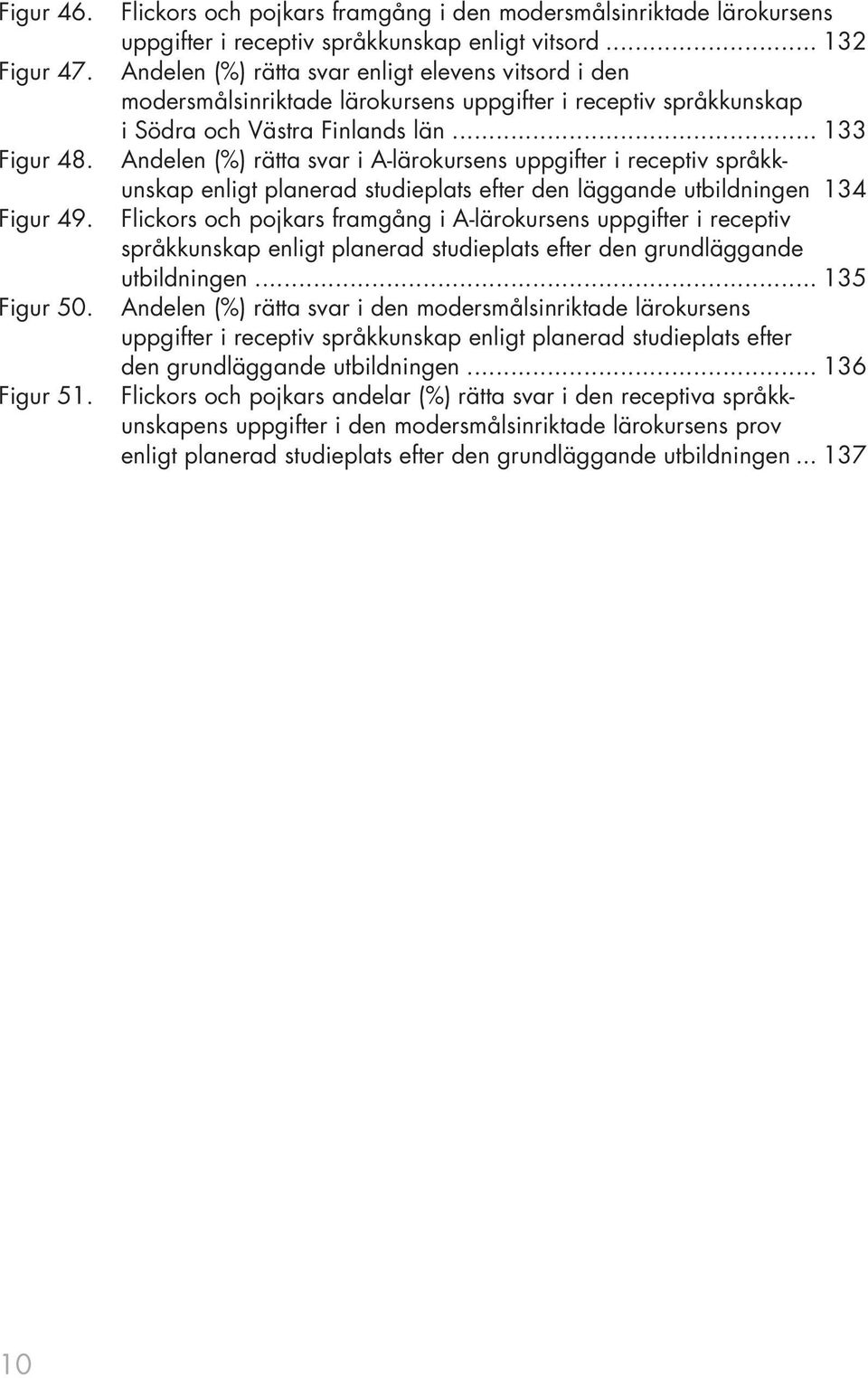 .. 133 Andelen (%) rätta svar i A-lärokursens uppgifter i receptiv språkkunskap enligt planerad studieplats efter den läggande utbildningen 134 Flickors och pojkars framgång i A-lärokursens uppgifter