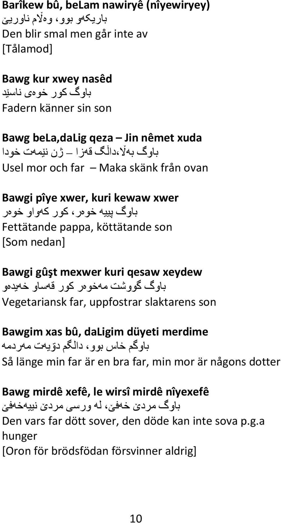 mexwer kuri qesaw xeydew باوگ گووشت مھخوهر کور قھساو خھیدهو Vegetariansk far, uppfostrar slaktarens son Bawgim xas bû, daligim düyeti merdime باوگم خاس بوو دالگم دۊیھت مھردمھ Så länge min far är en