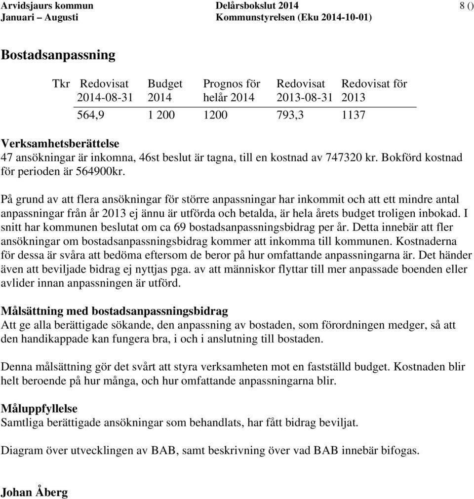 På grund av att flera ansökningar för större anpassningar har inkommit och att ett mindre antal anpassningar från år 2013 ej ännu är utförda och betalda, är hela årets budget troligen inbokad.