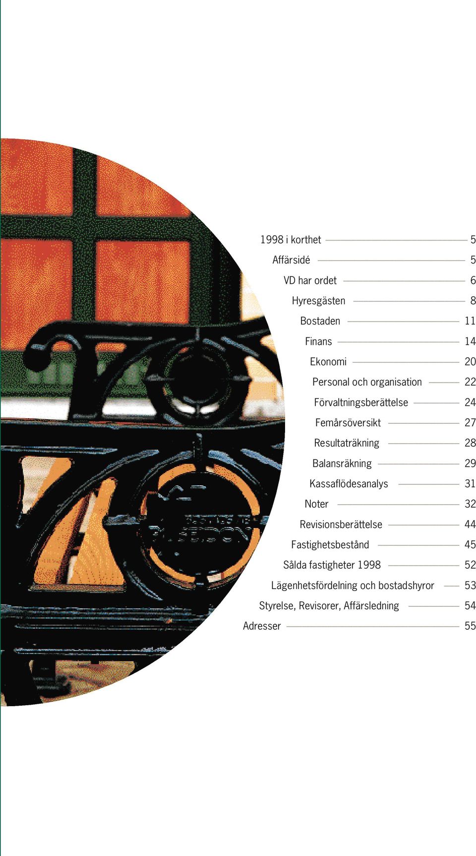 Balansräkning 29 Kassaflödesanalys 31 Noter 32 Revisionsberättelse 44 Fastighetsbestånd 45 Sålda