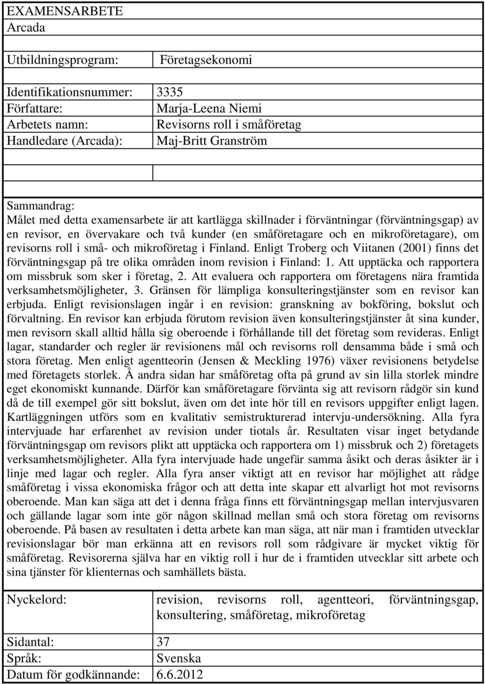 revisorns roll i små- och mikroföretag i Finland. Enligt Troberg och Viitanen (2001) finns det förväntningsgap på tre olika områden inom revision i Finland: 1.