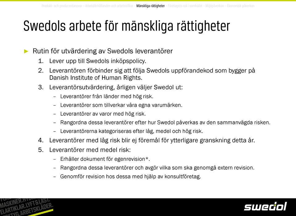 Leverantörsutvärdering, årligen väljer Swedol ut: Leverantörer från länder med hög risk. Leverantörer som tillverkar våra egna varumärken. Leverantörer av varor med hög risk.