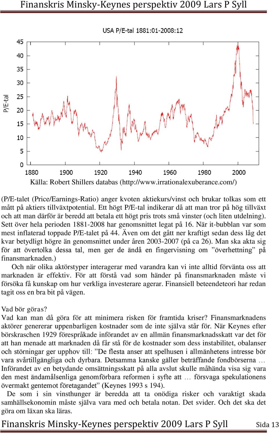 Sett över hela perioden 1881-2008 har genomsnittet legat på 16. När it-bubblan var som mest inflaterad toppade P/E-talet på 44.