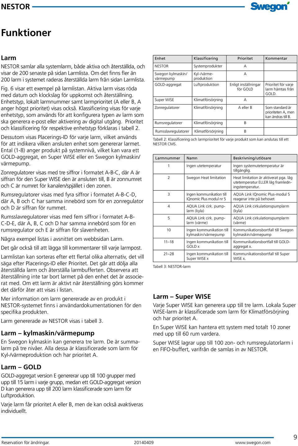 Aktiva larm visas röda med datum och klockslag för uppkomst och återställning. Enhetstyp, lokalt larmnummer samt larmprioritet (A eller B, A anger högst prioritet) visas också.