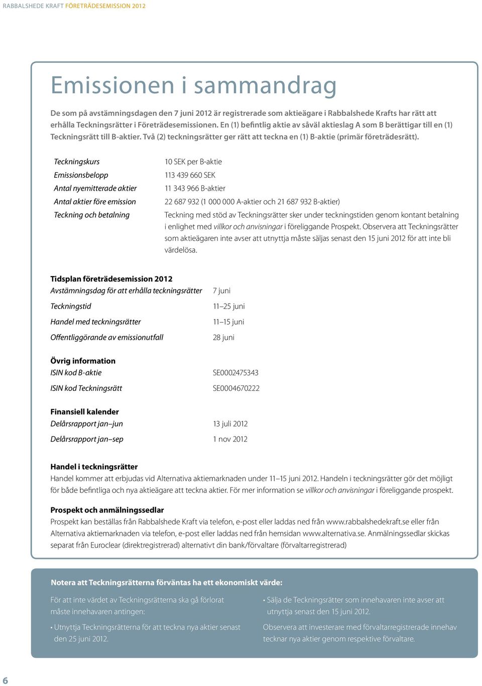 Två (2) teckningsrätter ger rätt att teckna en (1) B-aktie (primär företrädesrätt).