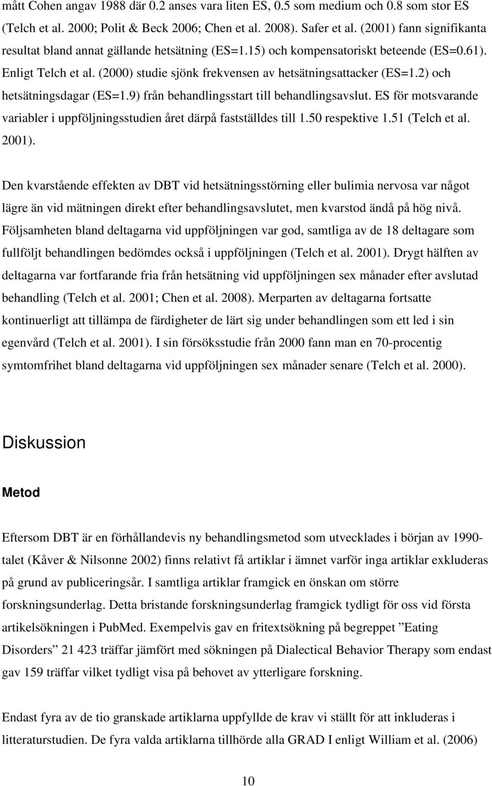 2) och hetsätningsdagar (ES=1.9) från behandlingsstart till behandlingsavslut. ES för motsvarande variabler i uppföljningsstudien året därpå fastställdes till 1.50 respektive 1.51 (Telch et al. 2001).