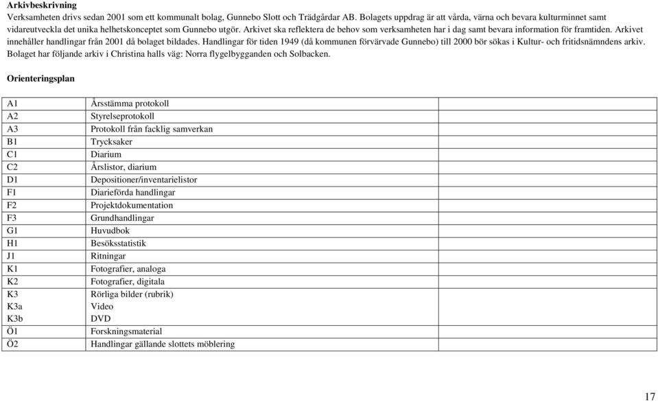 Arkivet ska reflektera de behov som verksamheten har i dag samt bevara information för framtiden. Arkivet innehåller handlingar från 2001 då bolaget bildades.