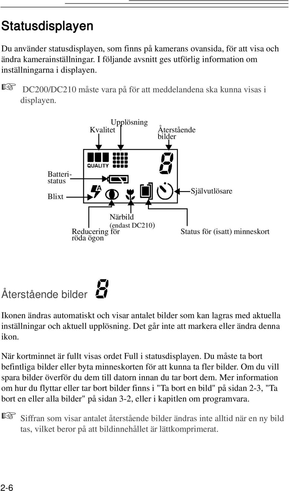 Upplösning Kvalitet Återstående bilder Batteristatus Blixt Närbild (endast DC210) Reducering för röda ögon Självutlösare Status för (isatt) minneskort Återstående bilder Ikonen ändras automatiskt och