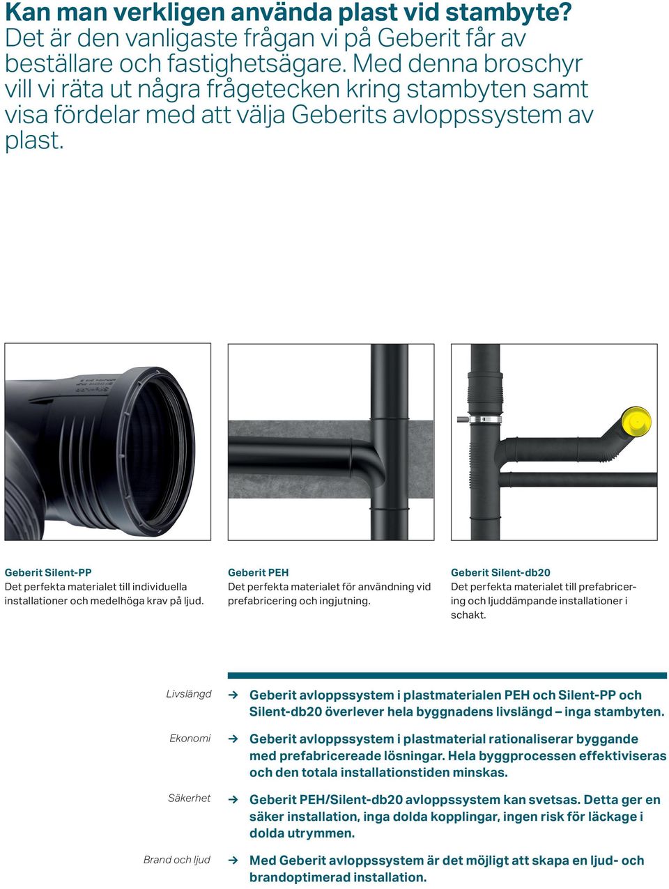 Geberit Silent-PP Det perfekta materialet till individuella installationer och medelhöga krav på ljud. Geberit PEH Det perfekta materialet för användning vid prefabricering och ingjutning.