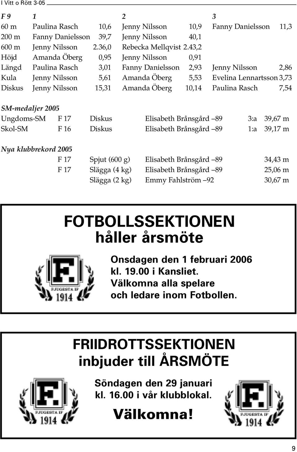 Nilsson 15,31 Amanda Öberg 10,14 Paulina Rasch 7,54 SM-medaljer 2005 Ungdoms-SM F 17 Diskus Elisabeth Brånsgård 89 3:a 39,67 m Skol-SM F 16 Diskus Elisabeth Brånsgård 89 1:a 39,17 m Nya klubbrekord