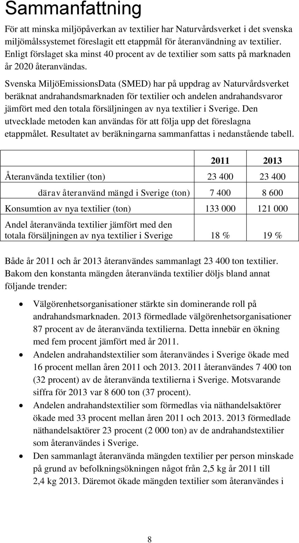 Svenska MiljöEmissionsData (SMED) har på uppdrag av Naturvårdsverket beräknat andrahandsmarknaden för textilier och andelen andrahandsvaror jämfört med den totala försäljningen av nya textilier i