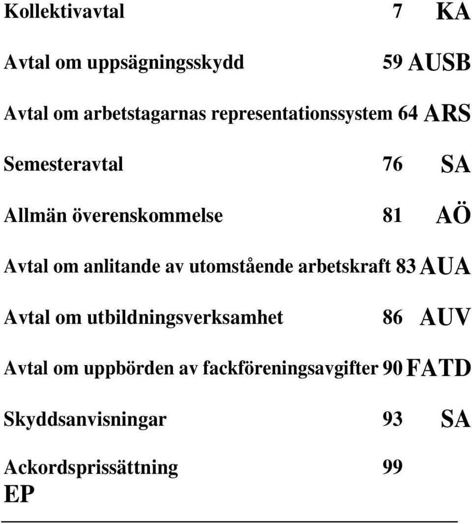 anlitande av utomstående arbetskraft 83 AUA Avtal om utbildningsverksamhet 86 AUV