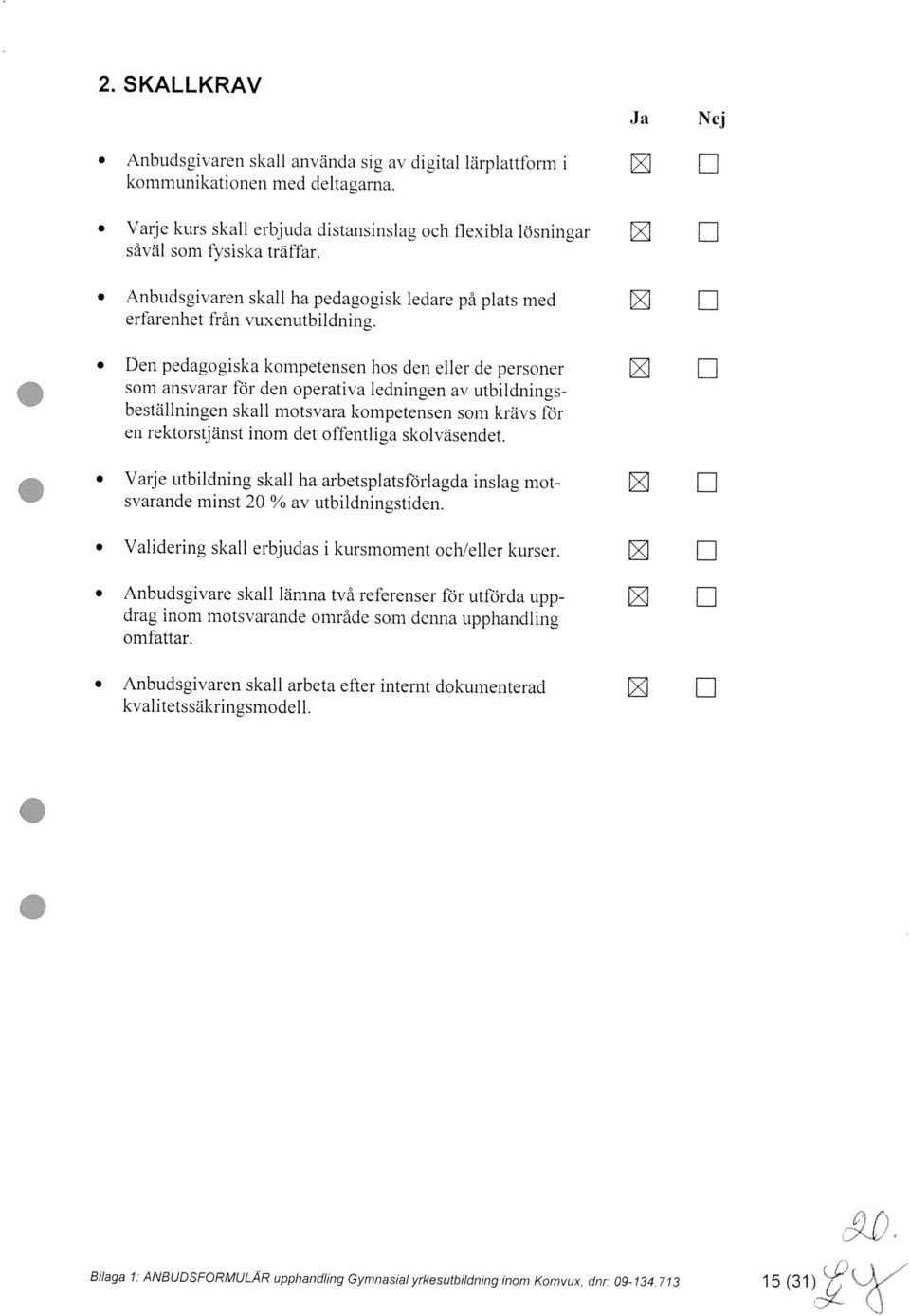 kommunikationen med deltagarna. Ja Nej Bilaga 1 ANBUDSFORMULAR upphandfing Gymnasial yrkesutbildning inom Komvux dnr 09 134 713 1 5 (31) kvalitetssäkringsmodell.