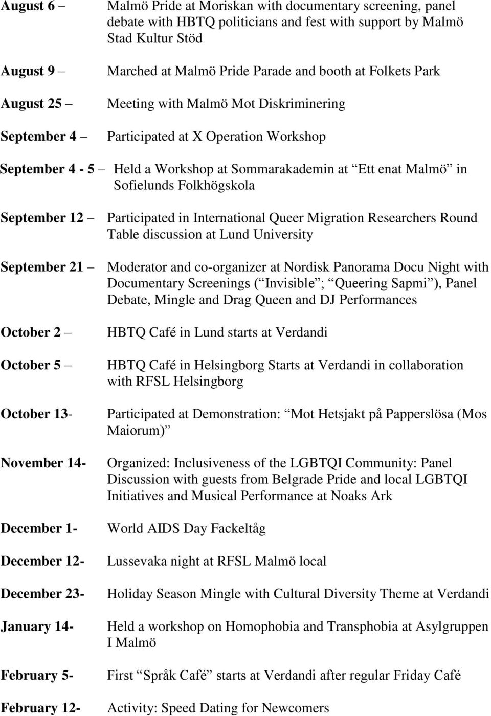 Folkhögskola September 12 Participated in International Queer Migration Researchers Round Table discussion at Lund University September 21 Moderator and co-organizer at Nordisk Panorama Docu Night