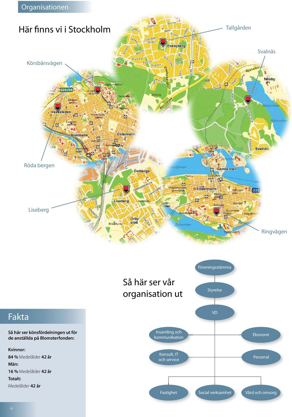 anställda på Blomsterfonden: Insamling och kommunikation Ekonomi Kvinnor: 84 % Medelålder 42 år Män: 16 %