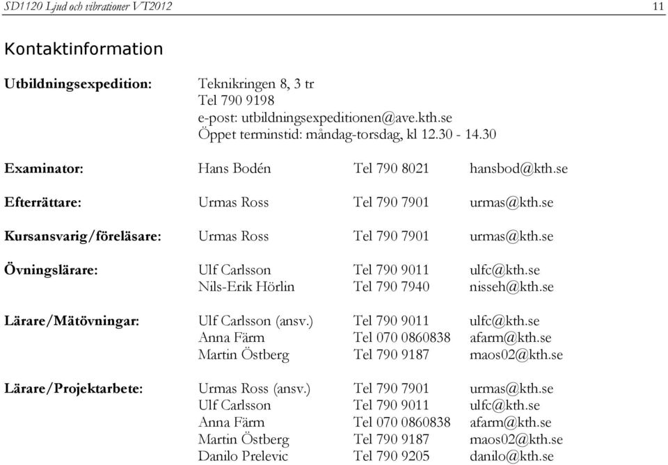 se Övningslärare: Ulf Carlsson Tel 790 9011 ulfc@kth.se Nils-Erik Hörlin Tel 790 7940 nisseh@kth.se Lärare/Mätövningar: Ulf Carlsson (ansv.) Tel 790 9011 ulfc@kth.