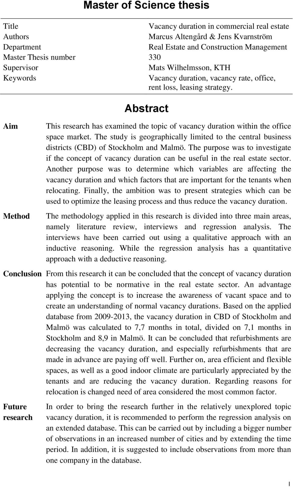 Aim Method Abstract This research has examined the topic of vacancy duration within the office space market.