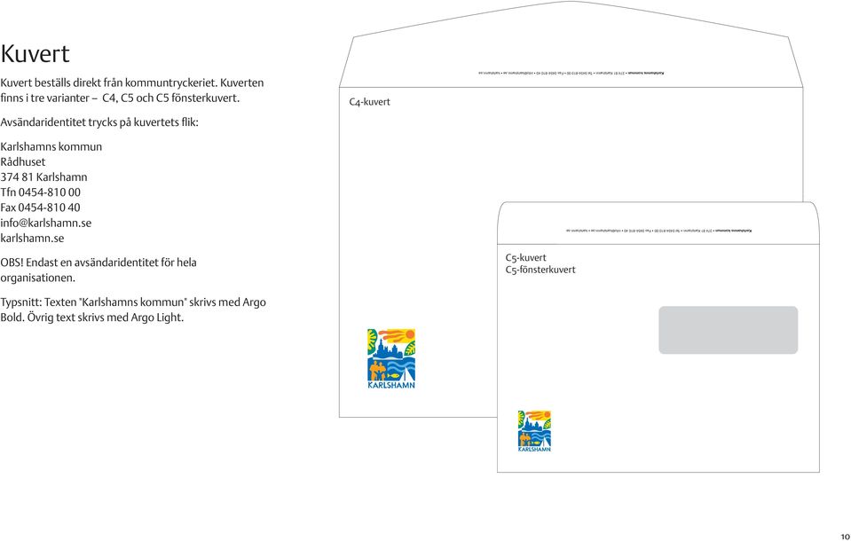 Avsändaridentitet trycks på kuvertets flik: Karlshamns kommun Rådhuset 374 81 Karlshamn Tfn 0454-810 00 Fax 0454-810 40 info@ Karlshamns kommun 374 81 Karlshamn Tel 0454-810 00 Fax 0454-810 40 info@