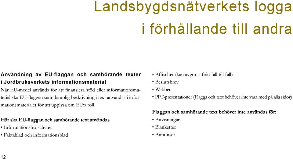 Här ska EU-flaggan och samhörande text användas Informationsbroschyrer Faktablad och informationsblad Affischer (kan avgöras från fall till fall) Beslutsbrev