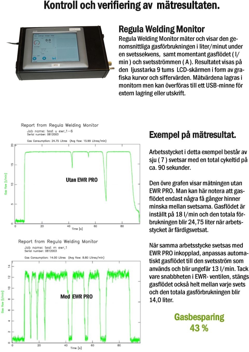 Resultatet visas på den ljusstarka 9 tums LCD-skärmen i form av grafiska kurvor och siffervärden. Mätvärdena lagras i monitorn men kan överföras till ett USB-minne för extern lagring eller utskrift.