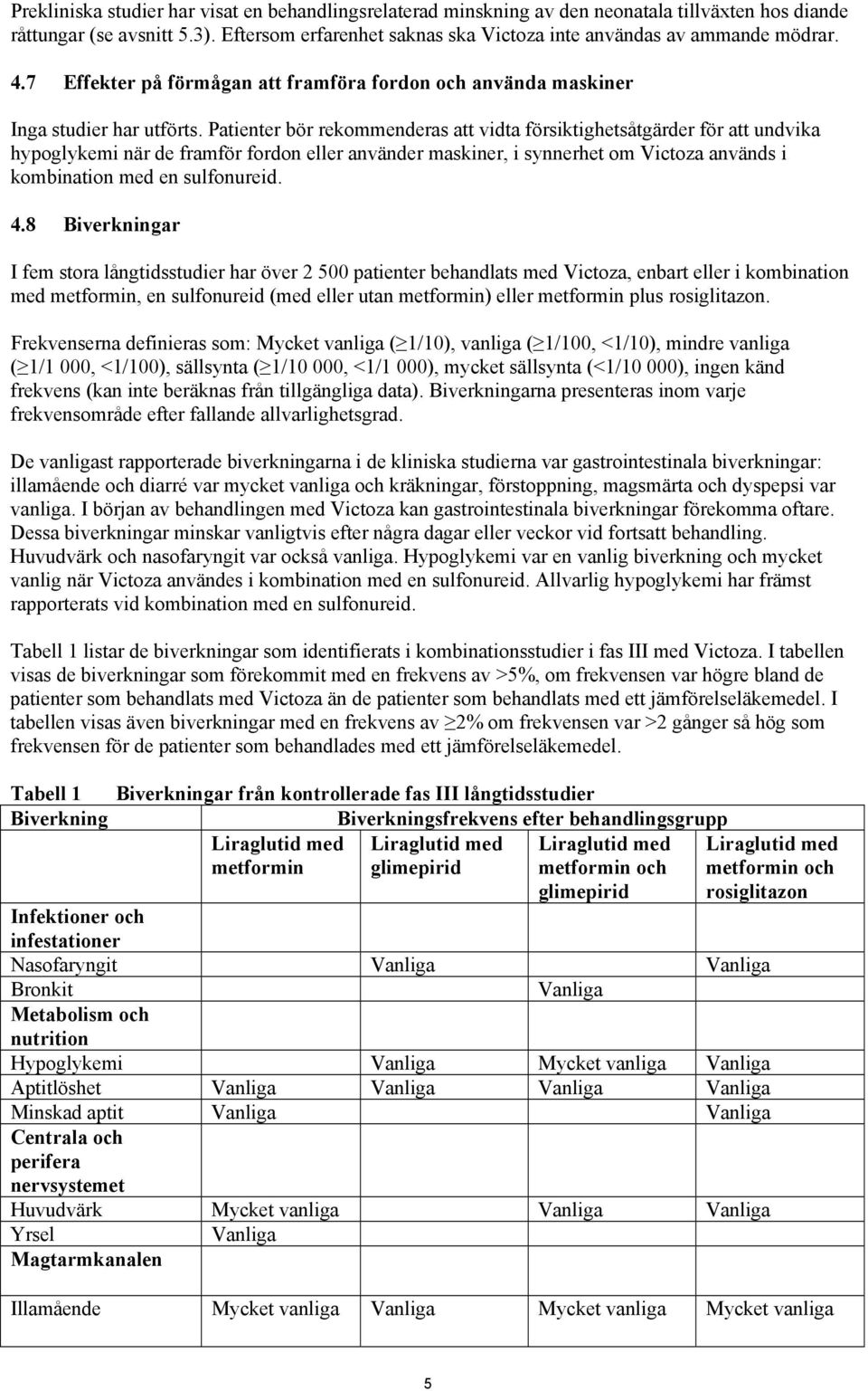 Patienter bör rekommenderas att vidta försiktighetsåtgärder för att undvika hypoglykemi när de framför fordon eller använder maskiner, i synnerhet om Victoza används i kombination med en sulfonureid.