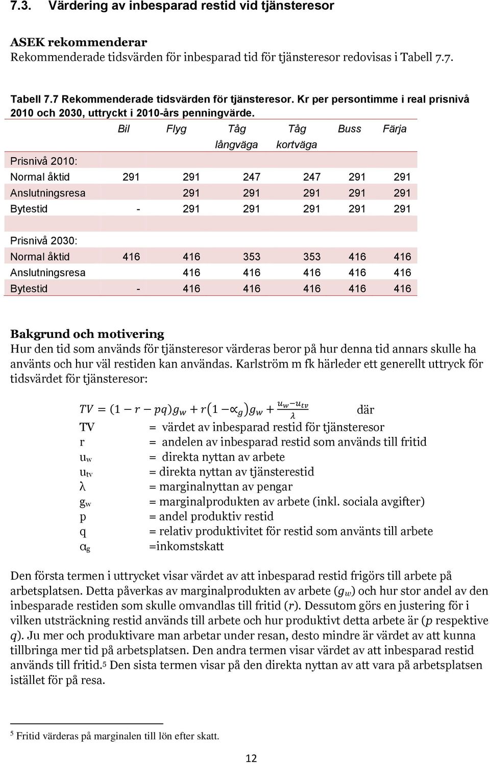 Prisnivå 2010: Bil Flyg Tåg långväga Tåg kortväga Buss Färja Normal åktid 291 291 247 247 291 291 Anslutningsresa 291 291 291 291 291 Bytestid - 291 291 291 291 291 Prisnivå 2030: Normal åktid 416