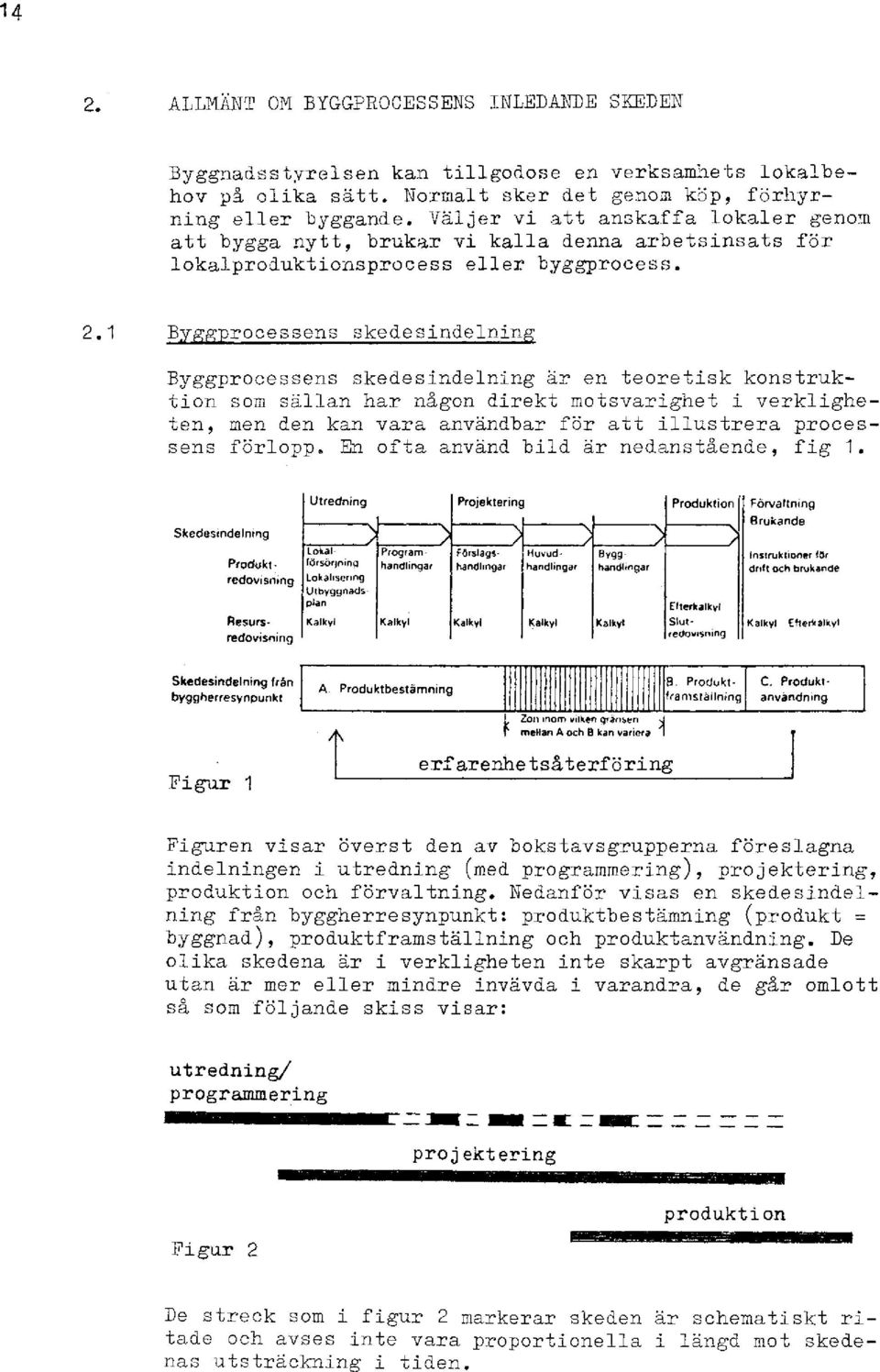 2,1 B rocessens skedesindelnin Byggprocessens skedesindelning är en teoretisk konstruktion som sällan har någon direkt motsvarighet verkligheten, men den kan vara användbar för att illustrera