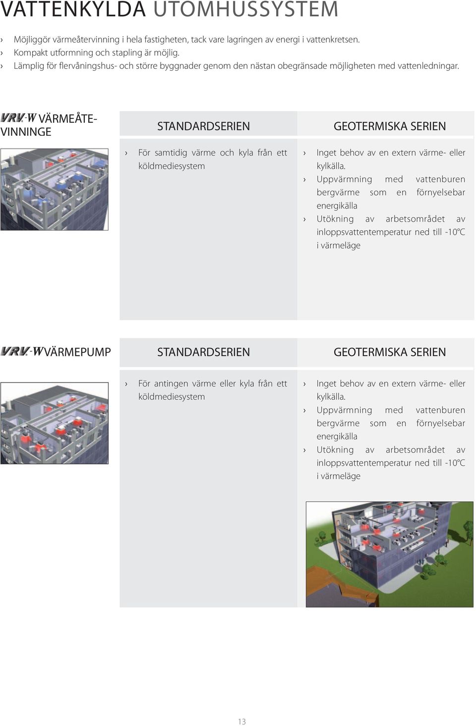 VÄRMEÅTE- VINNINGE STANDARDSERIEN För samtidig värme och kyla från ett köldmediesystem GEOTERMISKA SERIEN Inget behov av en extern värme- eller kylkälla.