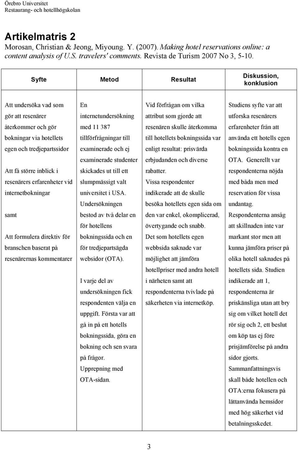 Syfte Metod Resultat Diskussion, konklusion Att undersöka vad som En Vid förfrågan om vilka Studiens syfte var att gör att resenärer internetundersökning attribut som gjorde att utforska resenärers
