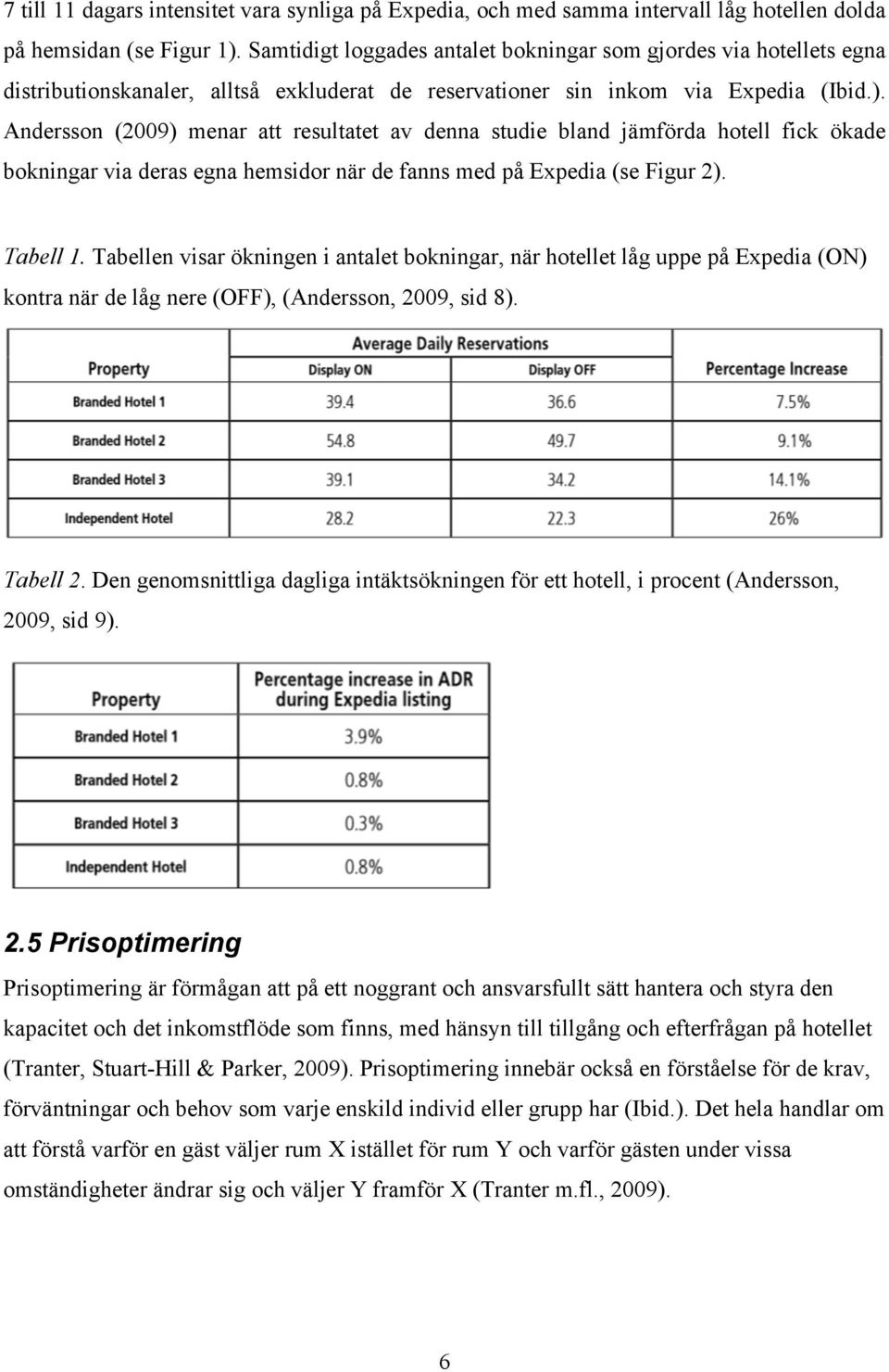 Andersson (2009) menar att resultatet av denna studie bland jämförda hotell fick ökade bokningar via deras egna hemsidor när de fanns med på Expedia (se Figur 2). Tabell 1.