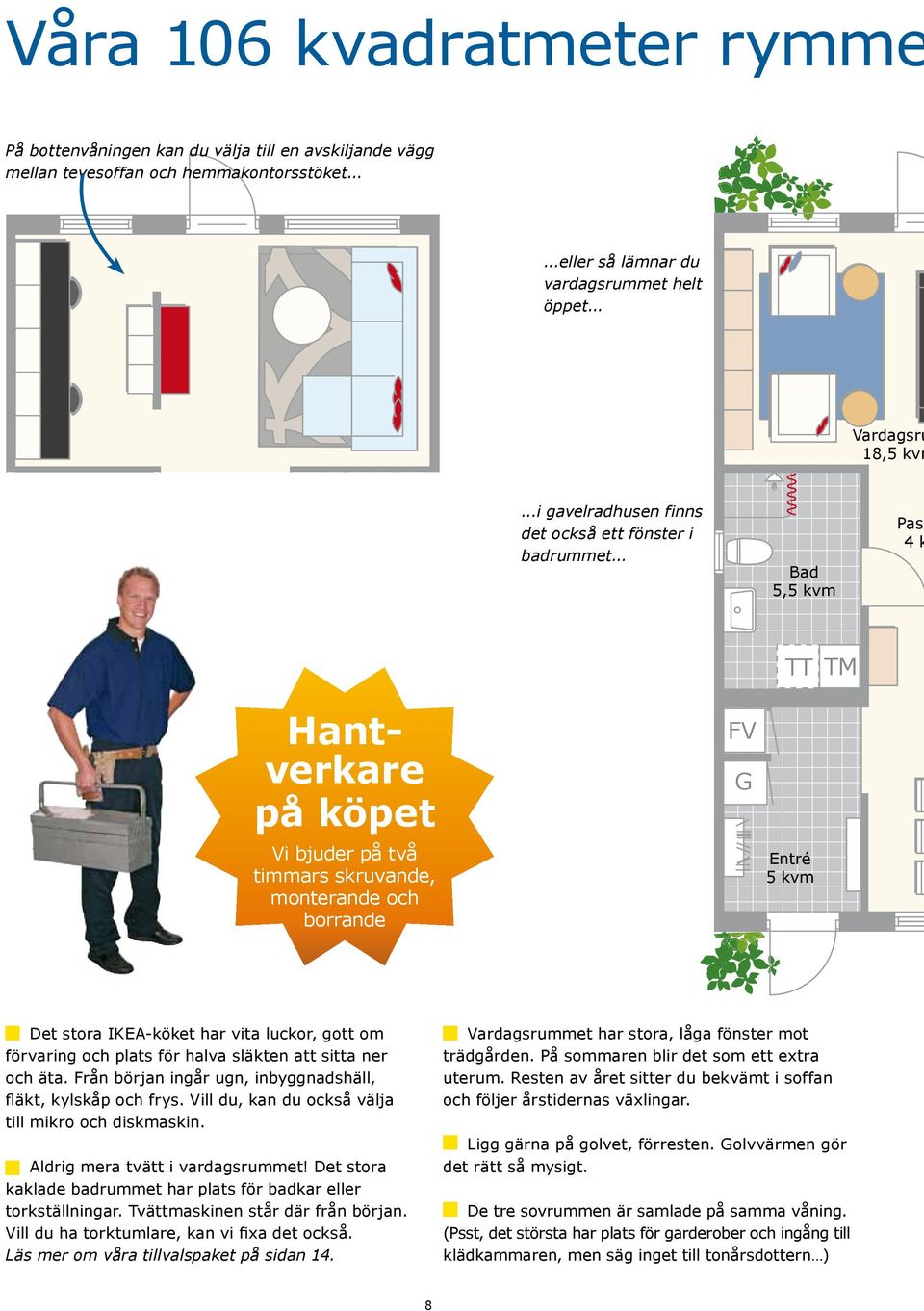 .. Bad 5,5 kvm Pass 4 k TT TM TT TM VP G Hantverkare DM på köpet K Vi bjuder på två timmars skruvande, F monterande och borrande FV G G Entré 5 kvm Det stora IKEA-köket har vita luckor, gott om