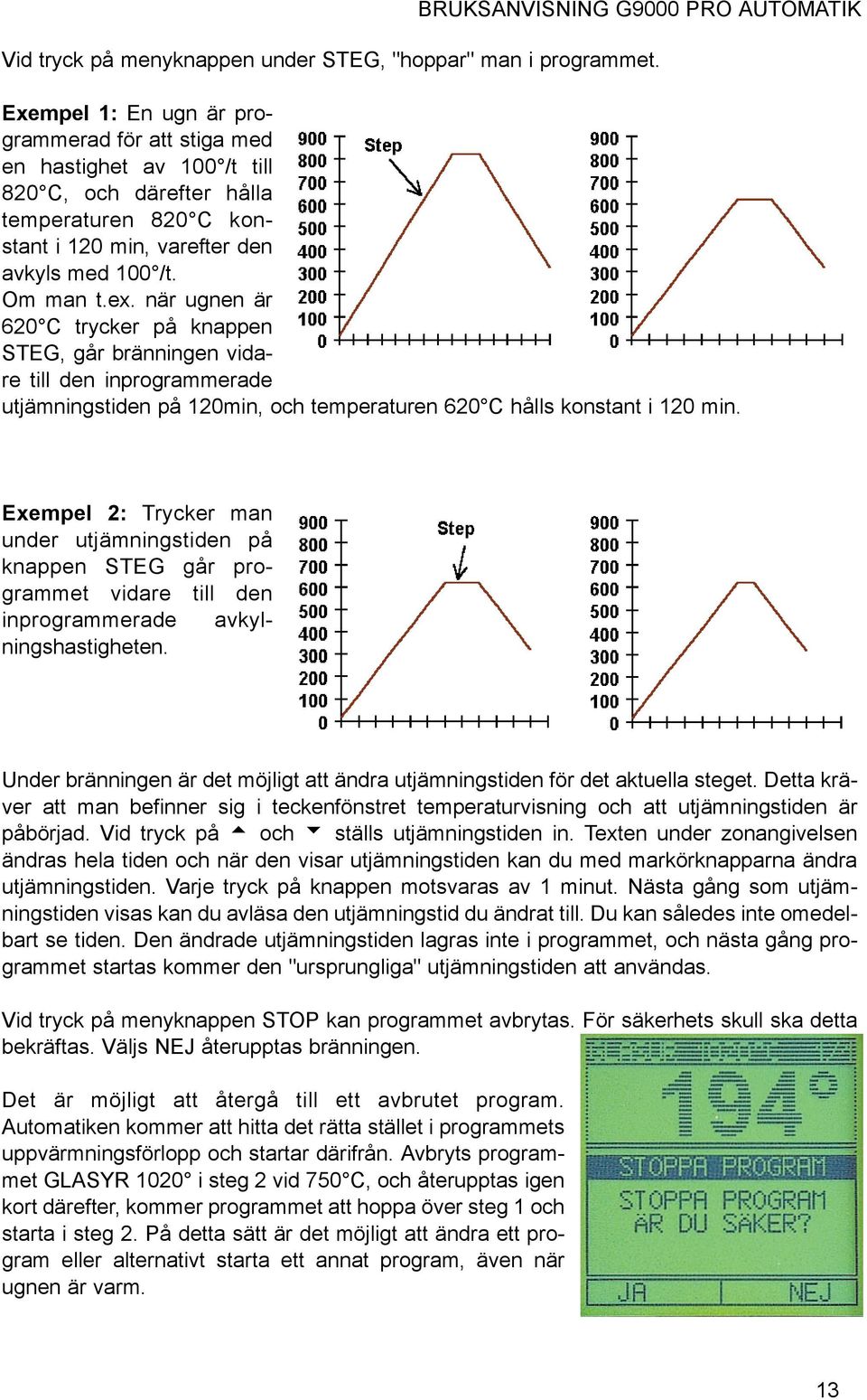 när ugnen är 620 C trycker på knappen STEG, går bränningen vidare till den inprogrammerade utjämningstiden på 120min, och temperaturen 620 C hålls konstant i 120 min.